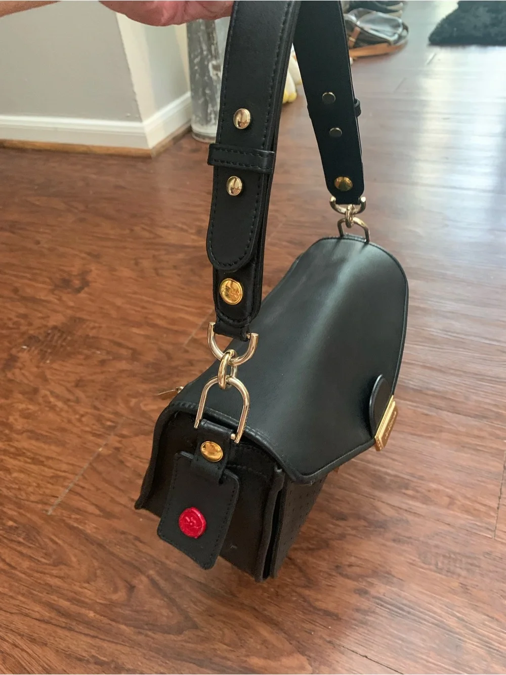 Black Longchamp  Leather Shoulder Bag with Gold Hardware